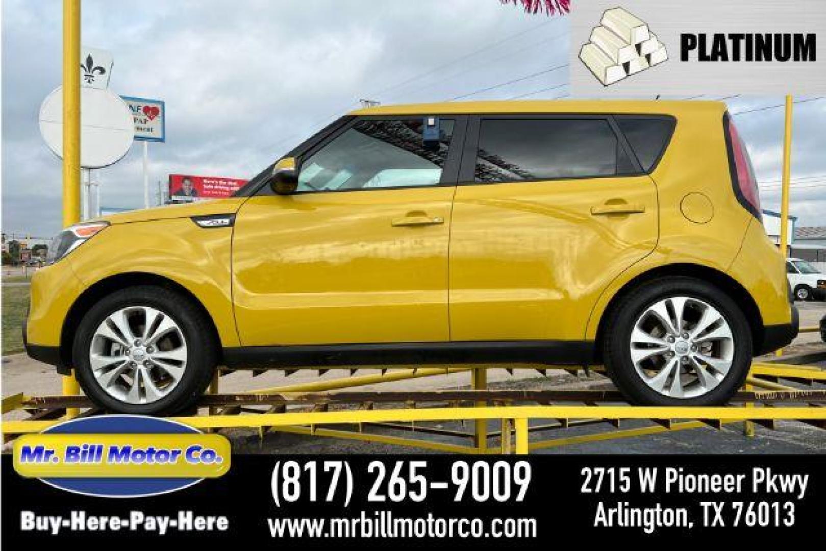 2014 YELLOW Kia Soul + (KNDJP3A55E7) with an 2.0L L4 DOHC 16V engine, 6-Speed Automatic transmission, located at 2715 W Pioneer Pkwy, Arlington, TX, 76013, (817) 265-9009, 32.710262, -97.153236 - Photo#0